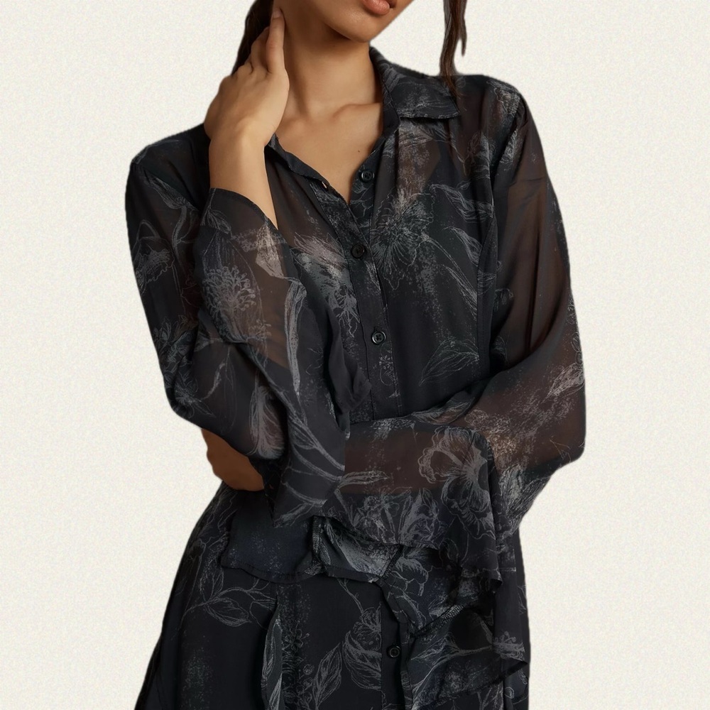 Anthropologie Long-Sleeve V-Neck Sheer Mini Dress - Picture 4 of 8